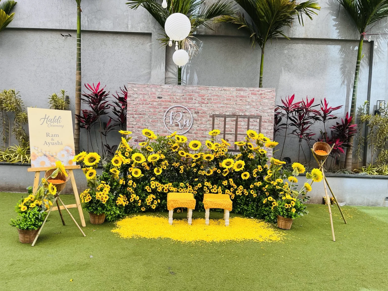 Outdoor sunflower celebration setup